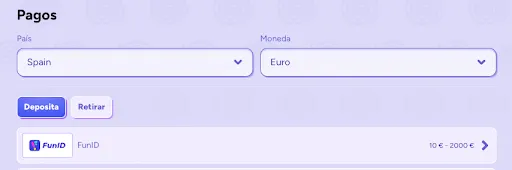 Sección de métodos de pago en SpinBara mostrando 