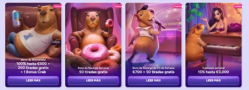 Promociones destacadas: Bono de bienvenida, Tiradas gratis, Bono de fin de semana y Cashback semanal. Cuatro promociones de casino representadas por capibaras animadas celebrando bonos y tiradas gratis.