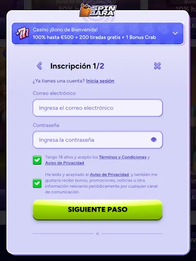 SpinBara Inscripción Paso 1 de 2 formulario de registro. Formulario de inscripción de SpinBara mostrando “Inscripción 1/2” con campos de correo electrónico y contraseña en español.